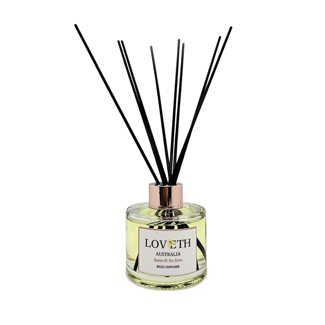 Reed diffuser with Frangipani fragrance called Queen of the Dawn